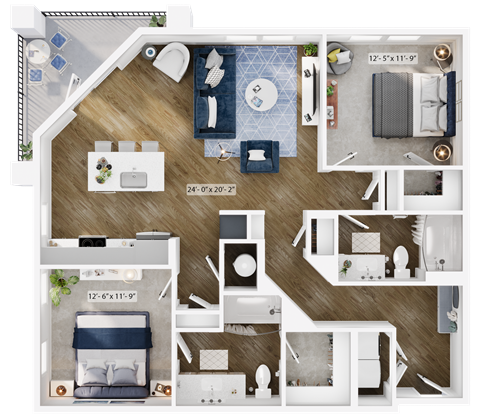 Floor plan for 2 beds, 2 baths, 1164 sqft